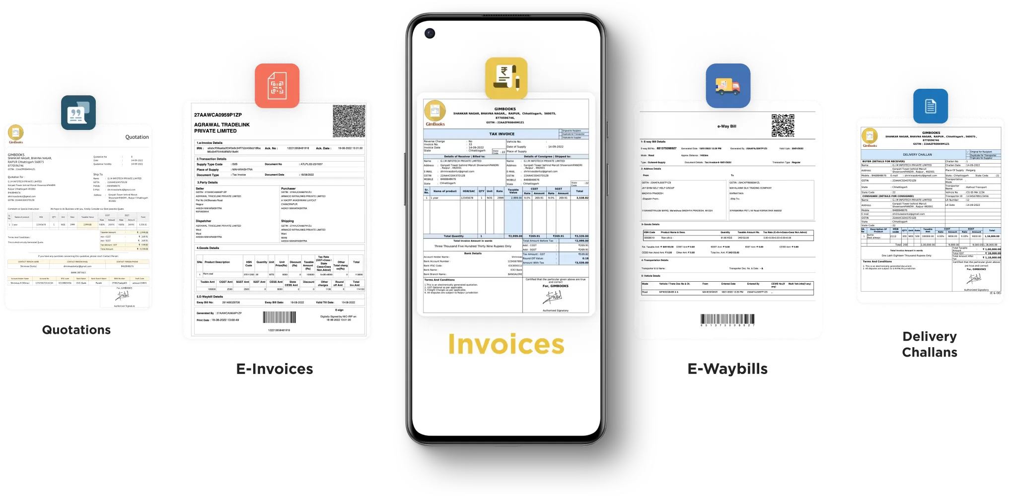 Quotation, Invoice, and E-way Bill formats generated by GimBooks GST Invoice Manager