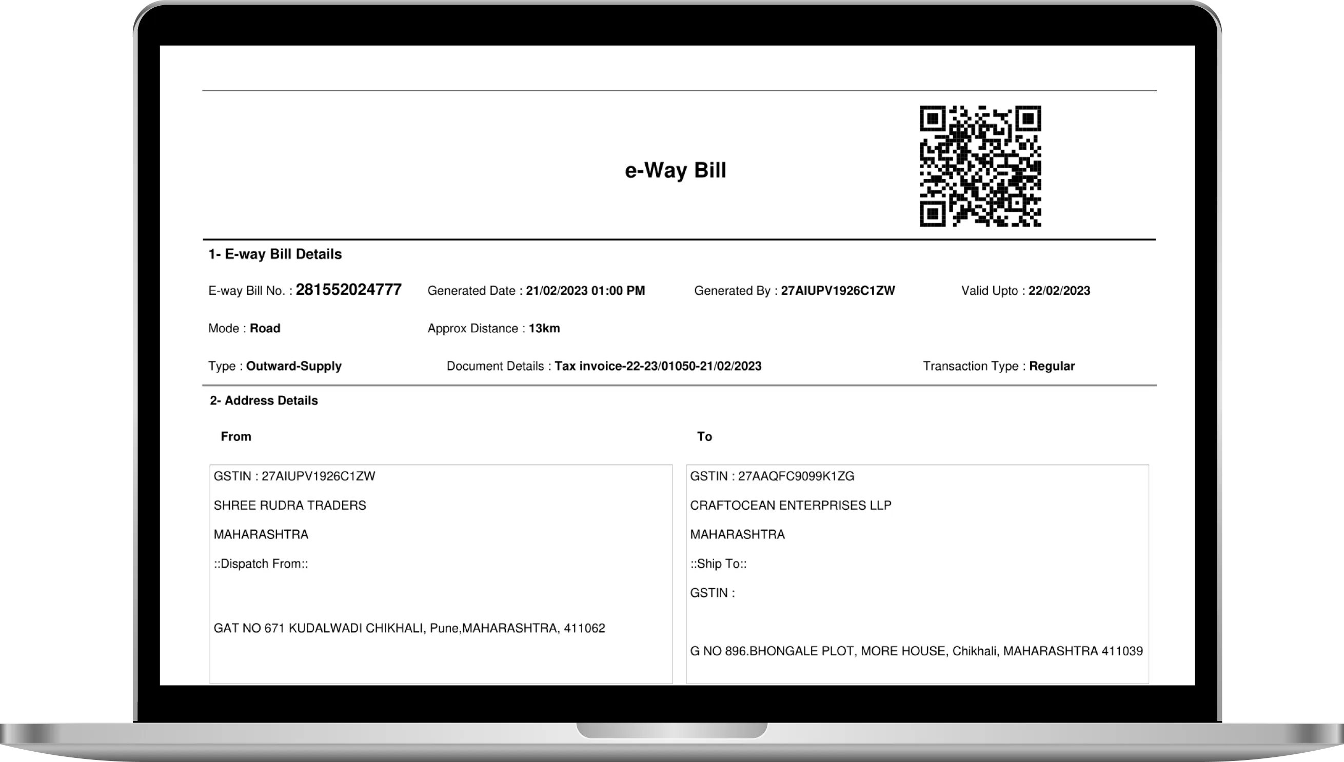 Sample e-way bill document generated through the GimBooks app