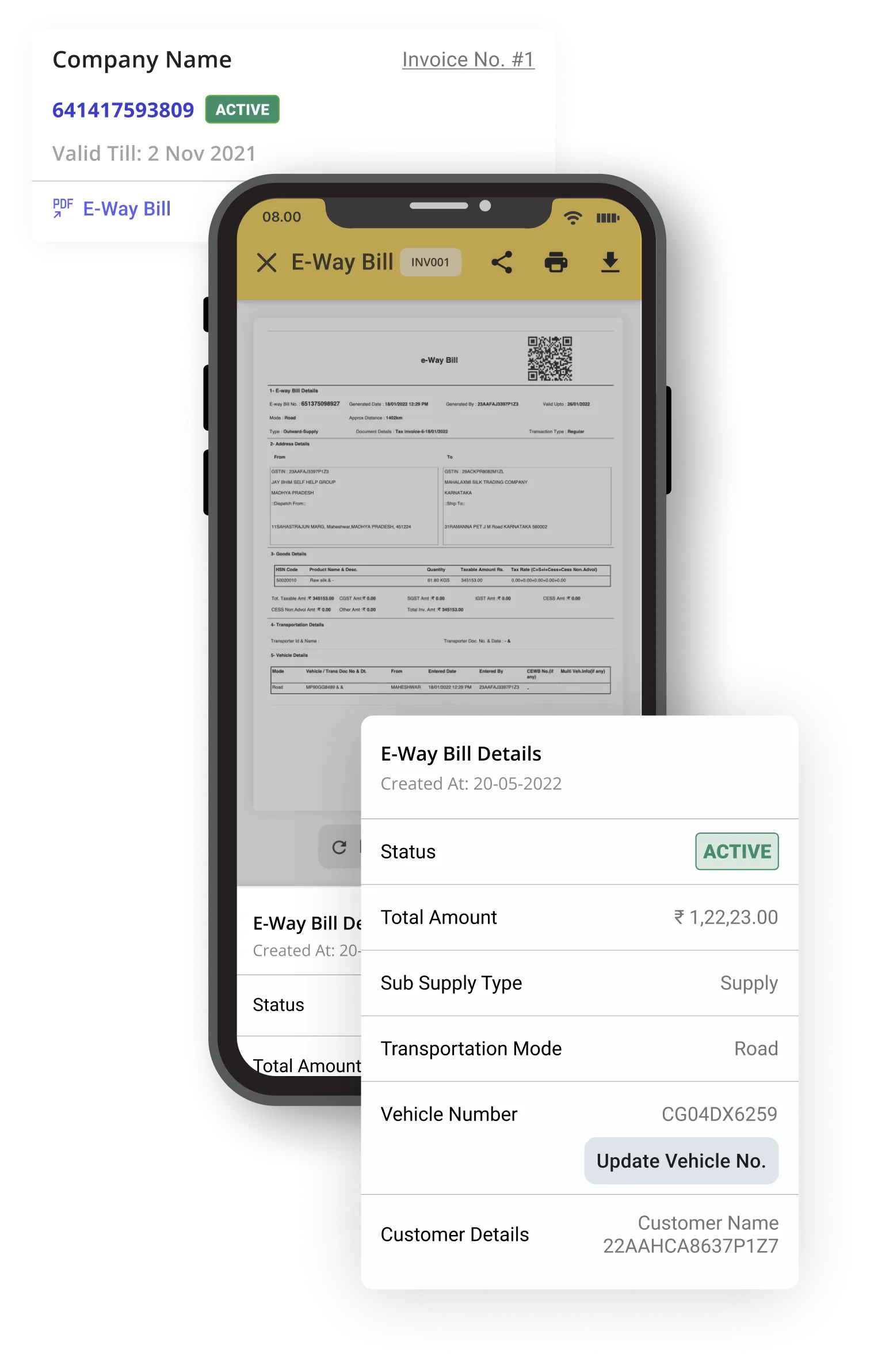 Managing e-way bills in the GimBooks mobile app — invoice, status and e-way bill details