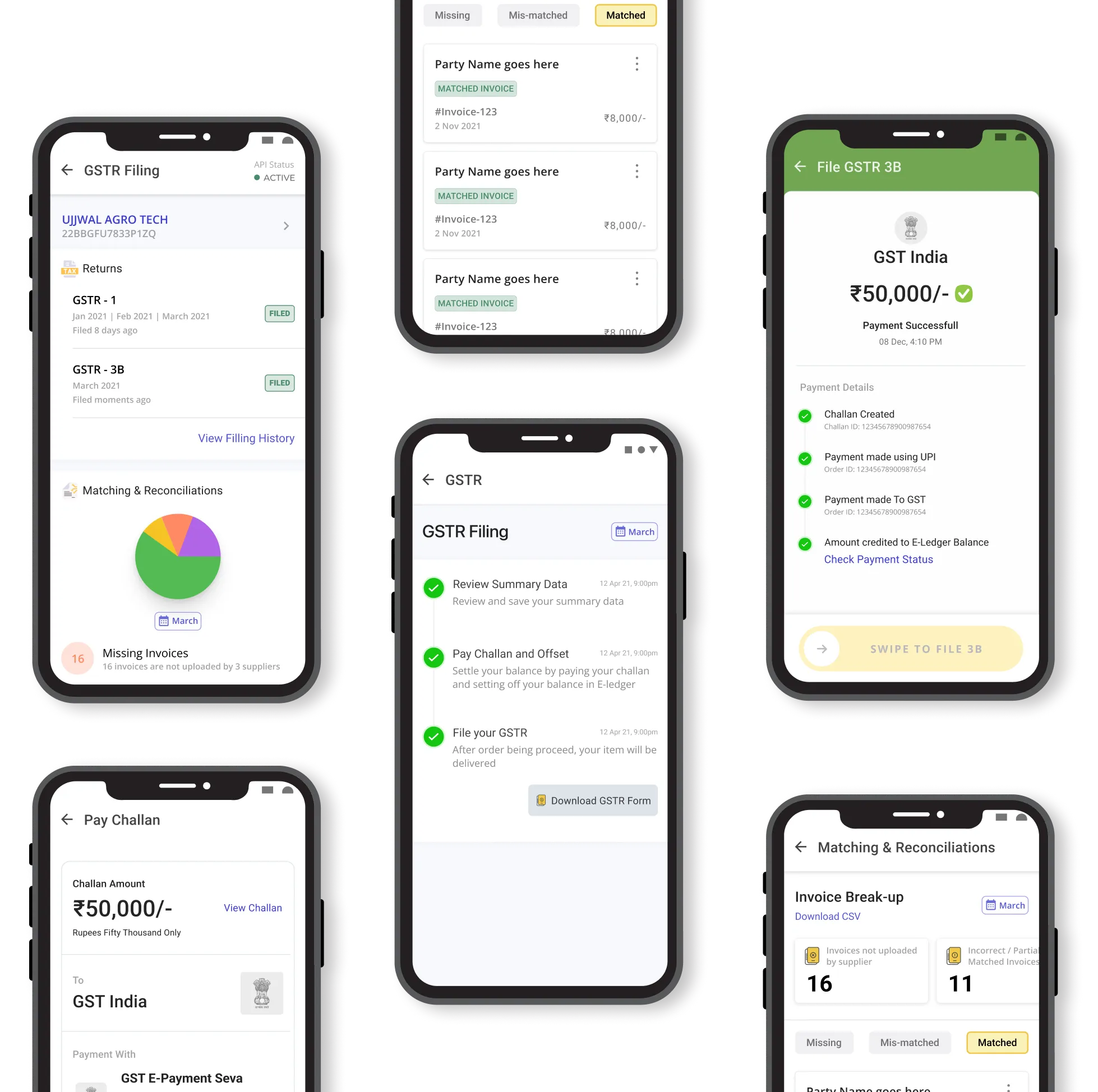 GimBooks app screens for GST filing, reconciliation and challan payment