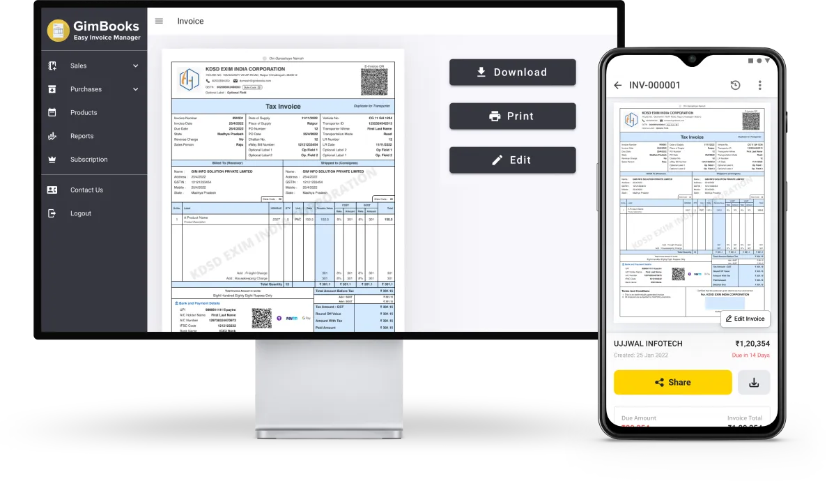 GimBooks GST Invoice Manager app interface