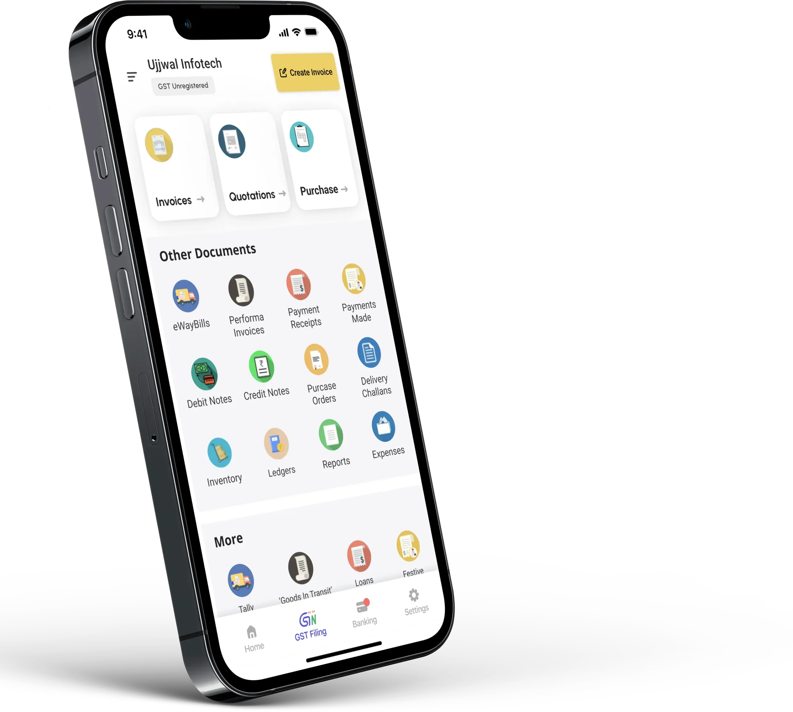 GimBooks GST billing app on a phone