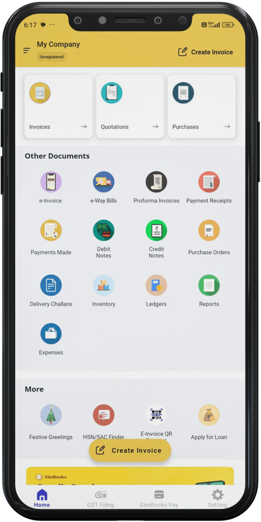 GimBooks billing app on a phone